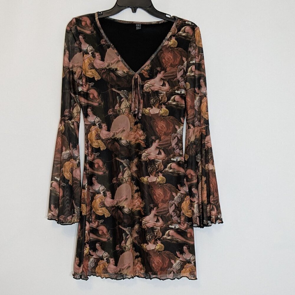 SHEIN Brown/Pink Lined Chiffon Fit & Flare Long Sleeve Short Dress; Size M